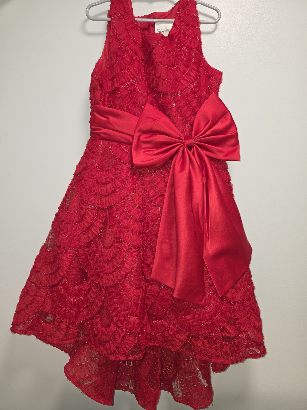 Rare Editions Red Lace Dress with Satin Bow